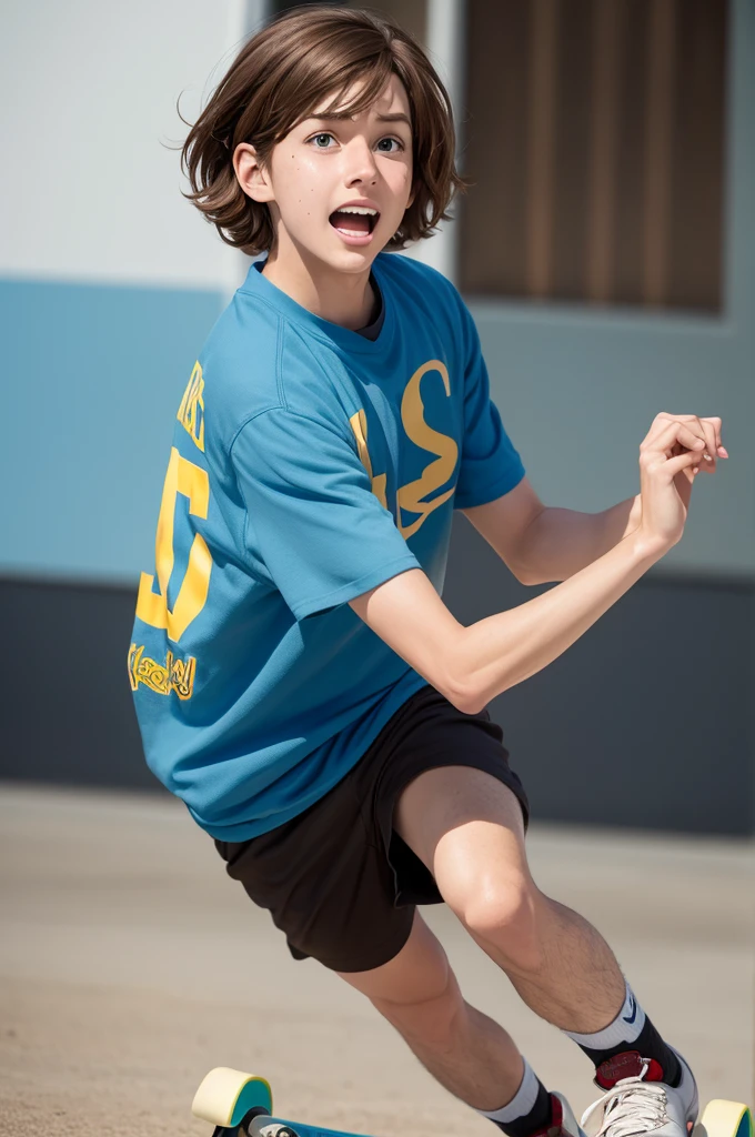 I want a photo of an emotion from the pixar movie, with brown hair who skateboards and plays football