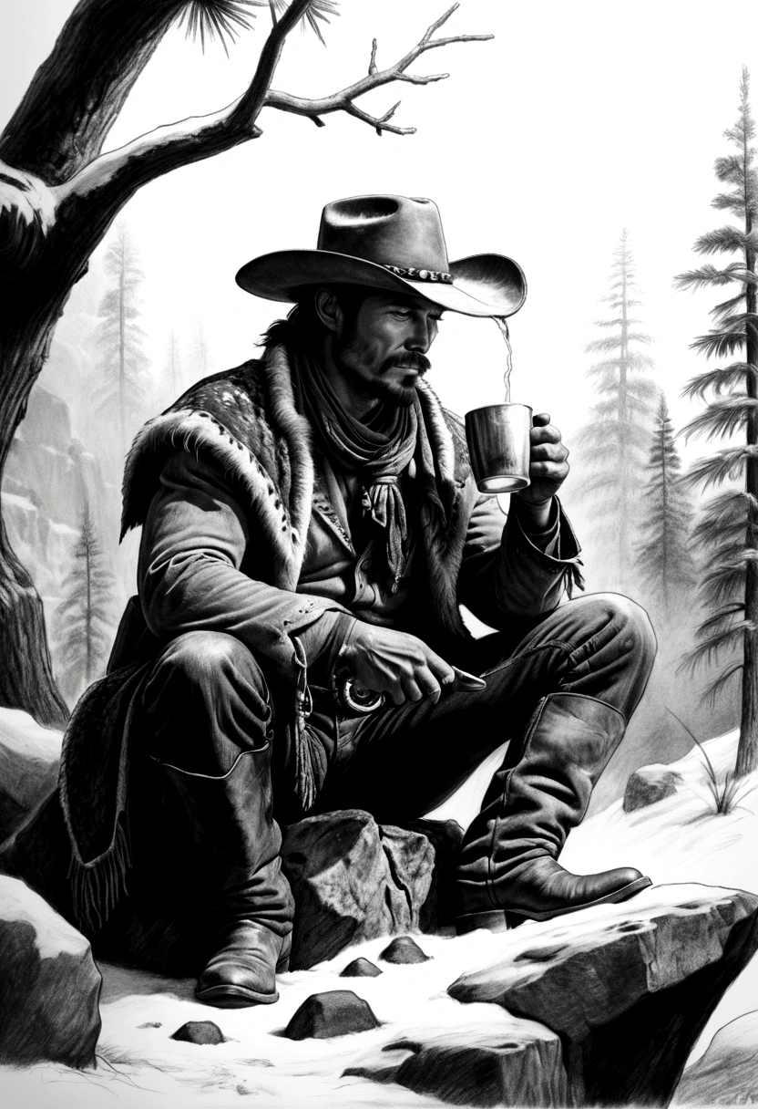 a charcoal sketch drawing of the wild west era cowboy, jungle snow winter, holding a hot-drinking cup, sitting on a rock, covering body with animal skin, thirty degrees side view, breathing, epic realism, extremely detailed, 8k