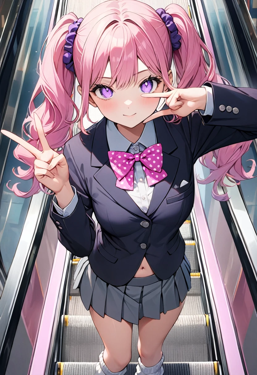 (8K, best quality, master piece: 1.2), super high resolution,1 girl,,solo,1ultra-detailed face,detailed eyes,perfect hands, perfect fingers,sparkling pupils,Mascara,Bubblegum Pink hair,natural wave hair,twintails,amethyst Eyes,(scrunchie,blazer,Short pleated skirt),(gray:1.5),navel,polka-dot pattern bow tie,smaile,medium breasts,((loose socks)),(making a peace sign),リムライト,standing on a down escalator,Look at Viewer