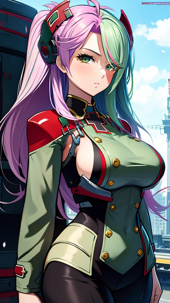 Highly detailed, anime, 1 girl, fuchsia colored hair, split-color hair, prinz eugen's hairstyle, sage-green colored hair, busty, thicc body, special agent clothes, serious expression.