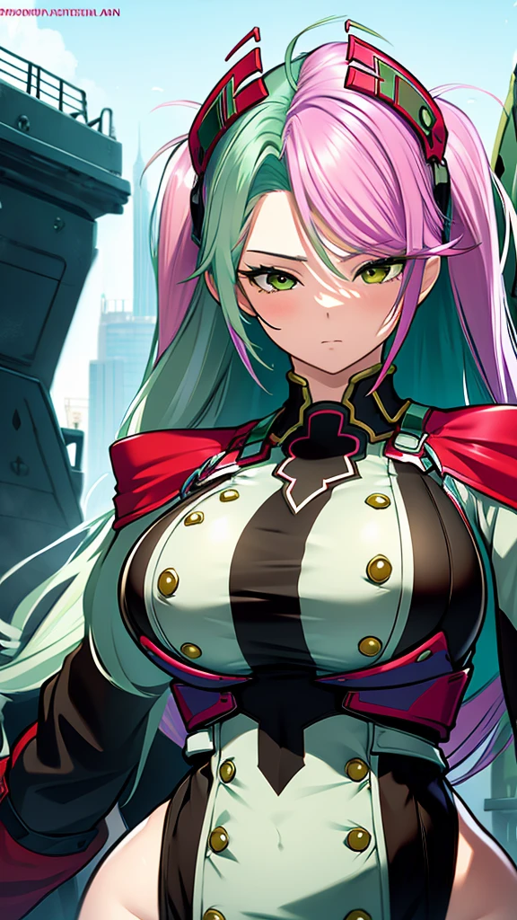 Highly detailed, anime, 1 girl, fuchsia colored hair, split-color hair, prinz eugen's hairstyle, sage-green colored hair, busty, thicc body, special agent clothes, serious expression.