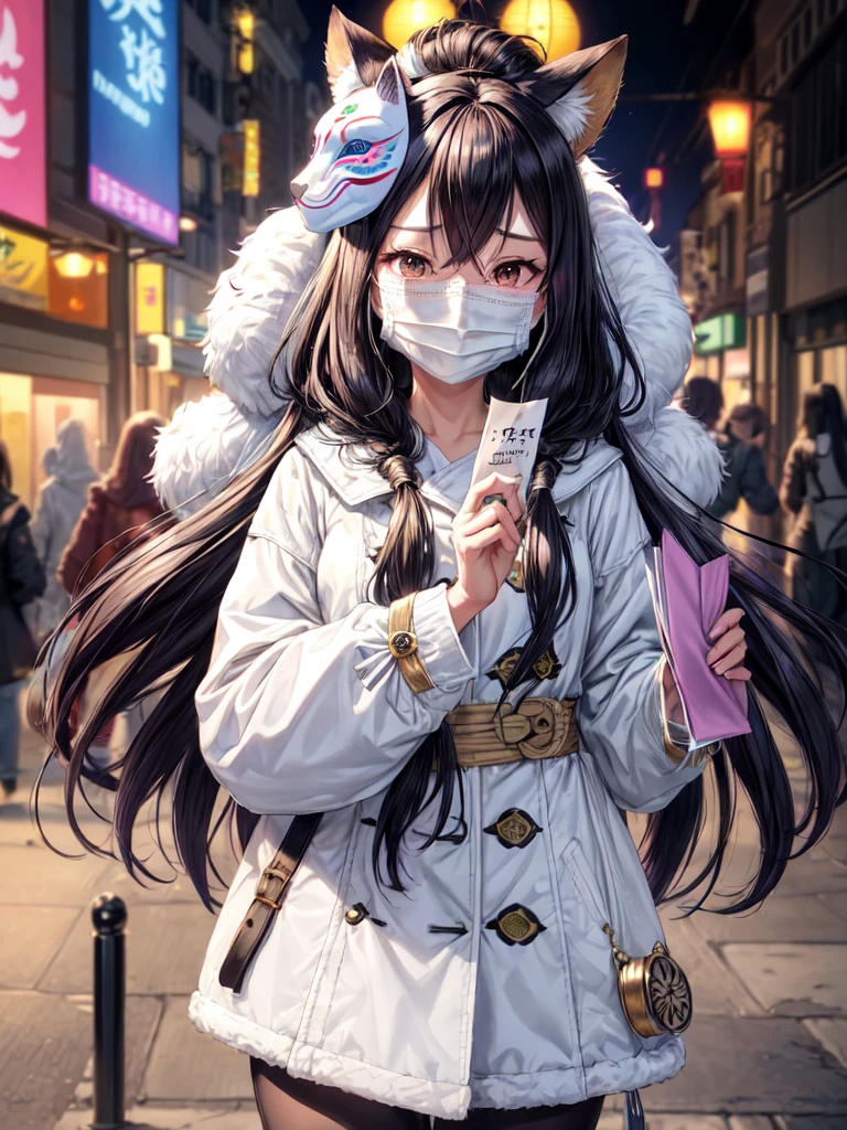 ((custom mask)), ((printed mask)), ((patterned eye mask)), string hair cinta, cabelo roxo, ((realisitic)), ((fotorrealism)), ((photorealisitic)), ((cosplay)), ((real-life)), 1 girl, standing alone, eyes locked, Bblack hair, multicolored hair, blush, Fur trim, fur-trimmed trench coat, ssmile, trench coat, cabelo roxo, long hair, ((eye mask)), bangss, cloused mouth, 弓, flying sweatdrops, white trench coat, cinta, bandages, two tone hair, trunk, white 弓, hair ornament