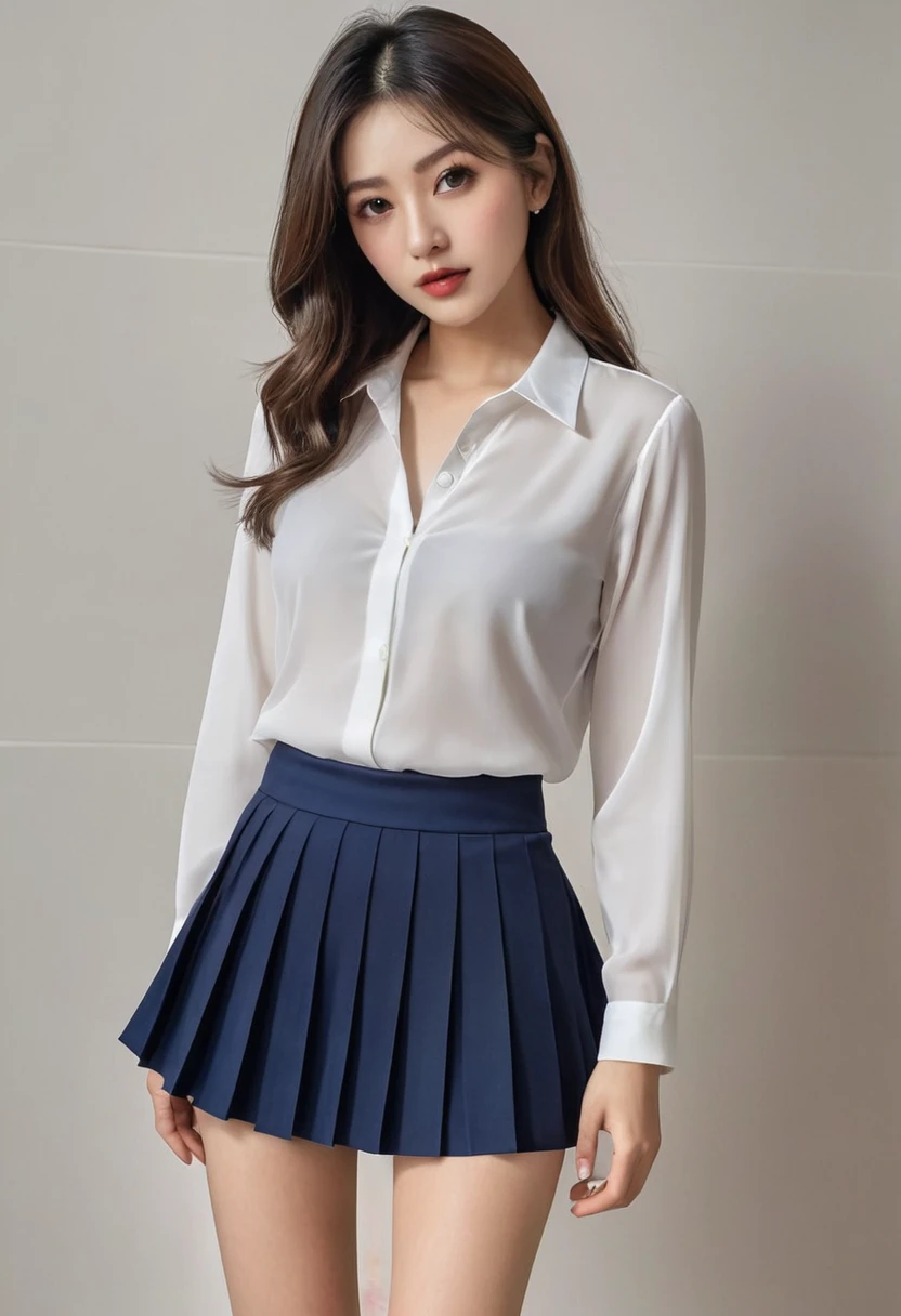 White blouse，Navy blue pleated skirt，Panty shot
