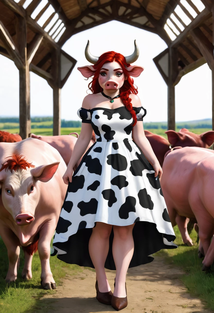 A Sexy mythical Humanoid creature called a firbolg. Unnatural red hair. Unnaturally thick eye brows.Snout like nose, large cow like ears. A long cow like tail. Feet like a pigs. Weareing hbeautiful handmade dress.