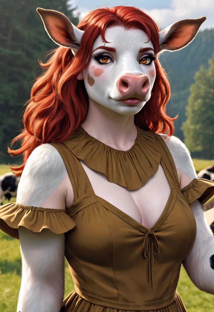 A Sexy mythical Humanoid creature called a firbolg. Unnatural red hair. Unnaturally thick eye brows.Snout like nose, large cow like ears. A long cow like tail. Feet like a pigs. Weareing hbeautiful handmade dress. 