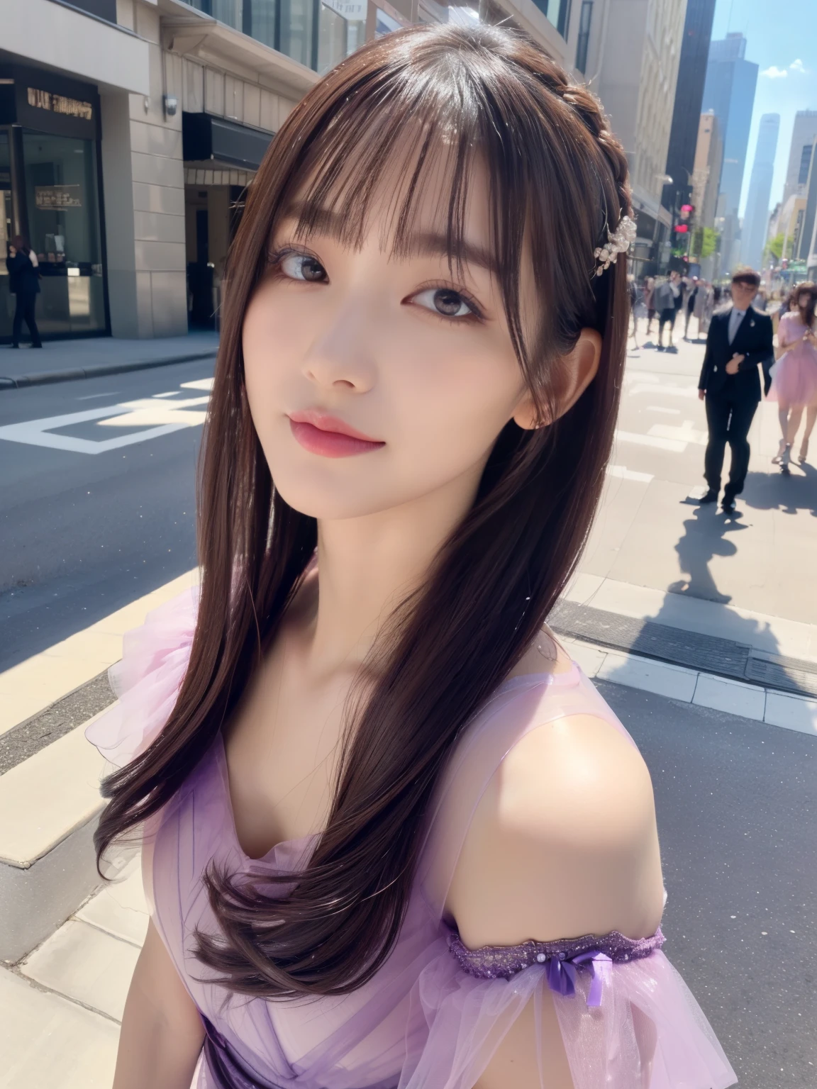 (RAW Photos, highest quality), (Realistic, Photorealistic:1.4), (Masterpiece), (Highest quality), High resolution, 8K resolution, (Intricate details), Portrait, 1 woman, 30 years old, long Hair, Layered Hair, Brown Hair, Highly detailed eyes, Very thin eyebrows, Highly detailed skin, Highly detailed mouth, Highly detailed nose, Cute like an idol, Slender body, smile, ((Pink lipstick)), (An elegant and transparent Deep purple see through short sleeved dress : 1.3), ((Random Body Orientation)), Sunny day cityscape background, ((waist shot)),
