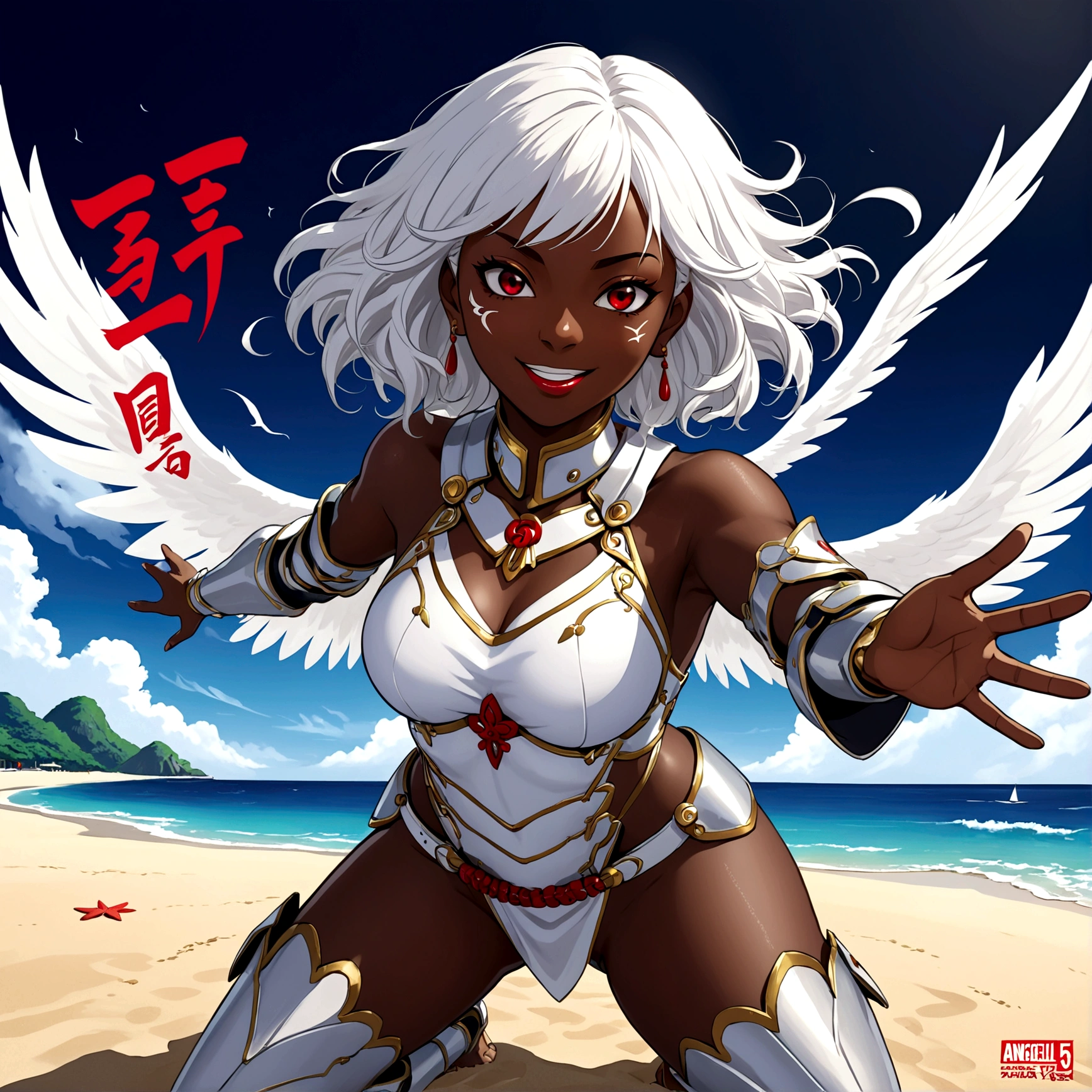Full body image, african woman, open arms pose walking, face Contempt, evil smile , white hair short curly, full armor dark fantasy sexy armor, Without the panties part, focus on the pussy, sweating, body a little fat, Hyper realistic night beach background, persona 5 manga style, Japanese writing on the edges with Shangri-La written on at the edges