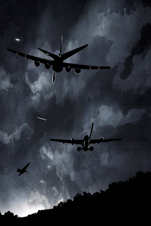 Pitch black background,((Plane flying in the void)), Pitch black night world,