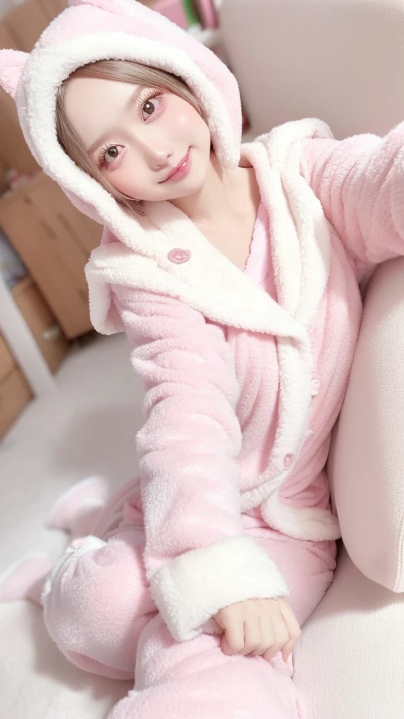 Cute girl in pink pajamas posing on sofa, sleepwear, wearing pajama, wearing white pajamas, Pink clothes, wearing a baggy pajamas, Smooth white fluffy clotheorning sun from the window、Good morning cute face with arms and legs、hmochako, blush stickers, Short hair, medium breasts, A smile、