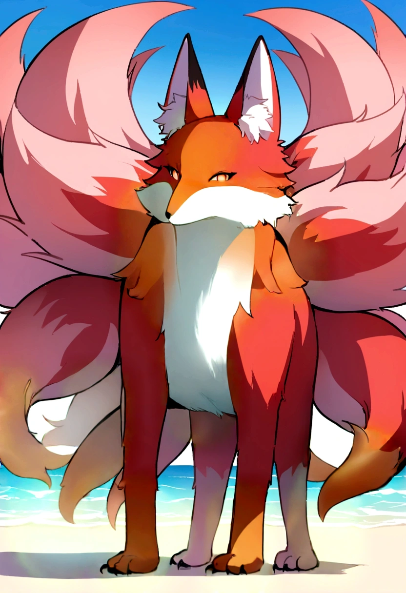 A giant red fox with 9 tails and 4 legs, whose tips are light pink. The tails are very fluffy and soft. The chest coat is light pink, as well as the tips of the paws. ao redor, a circle of small light pink flames. Ao fundo, a sunny beach.