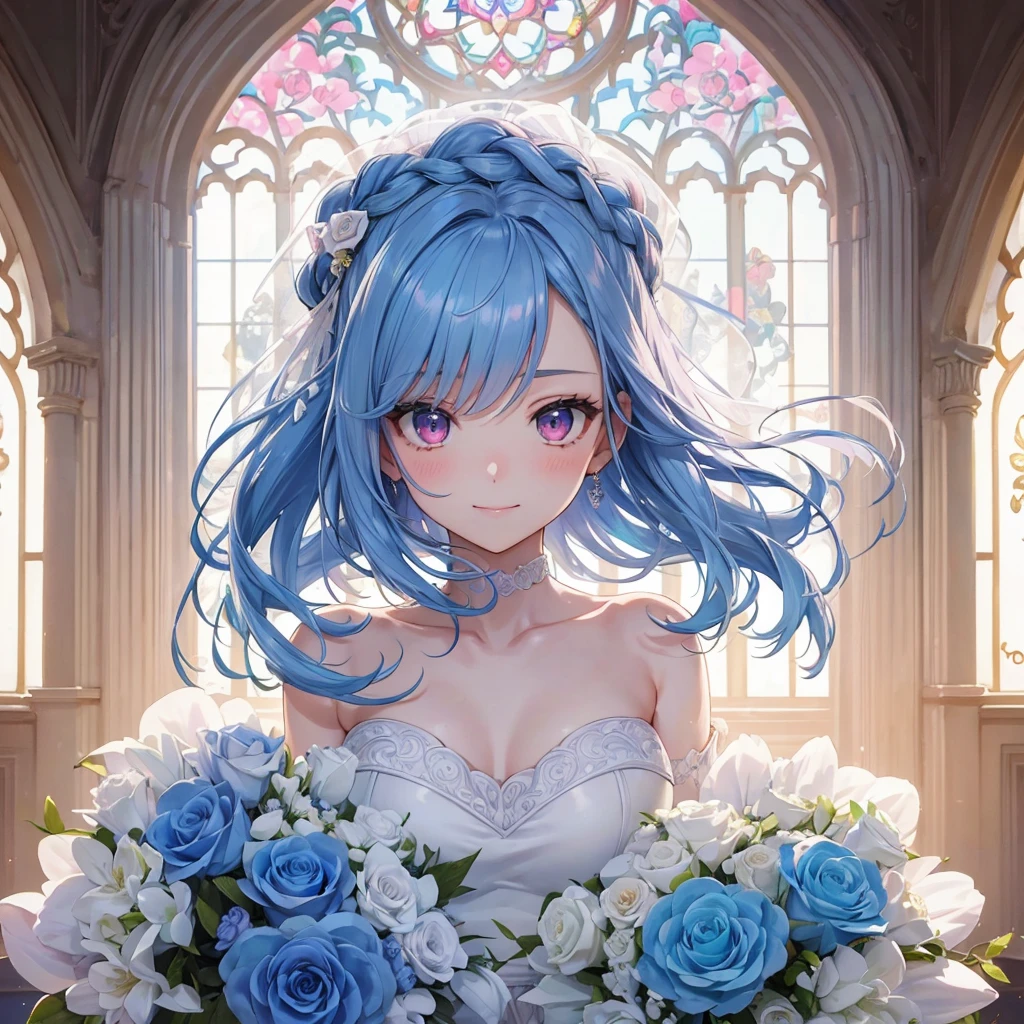 Sky blue hair, (Braided Ponytail),(Pink Eyes),Fair skin ,(whole body),(One girl),bride,A big smile,Straight bangs, 6月のbride,Wedding dress,(masterpiece, Highest quality, Very detailed, Best Shadow), (Detailed Background), (Beautifully detailed face), High Contrast, (Best lighting, Very delicate and beautiful), ((Cinematic Light)), colorful, Hyper Detail, Dramatic Light, Intricate details,Chapel background,Big bouquet of roses