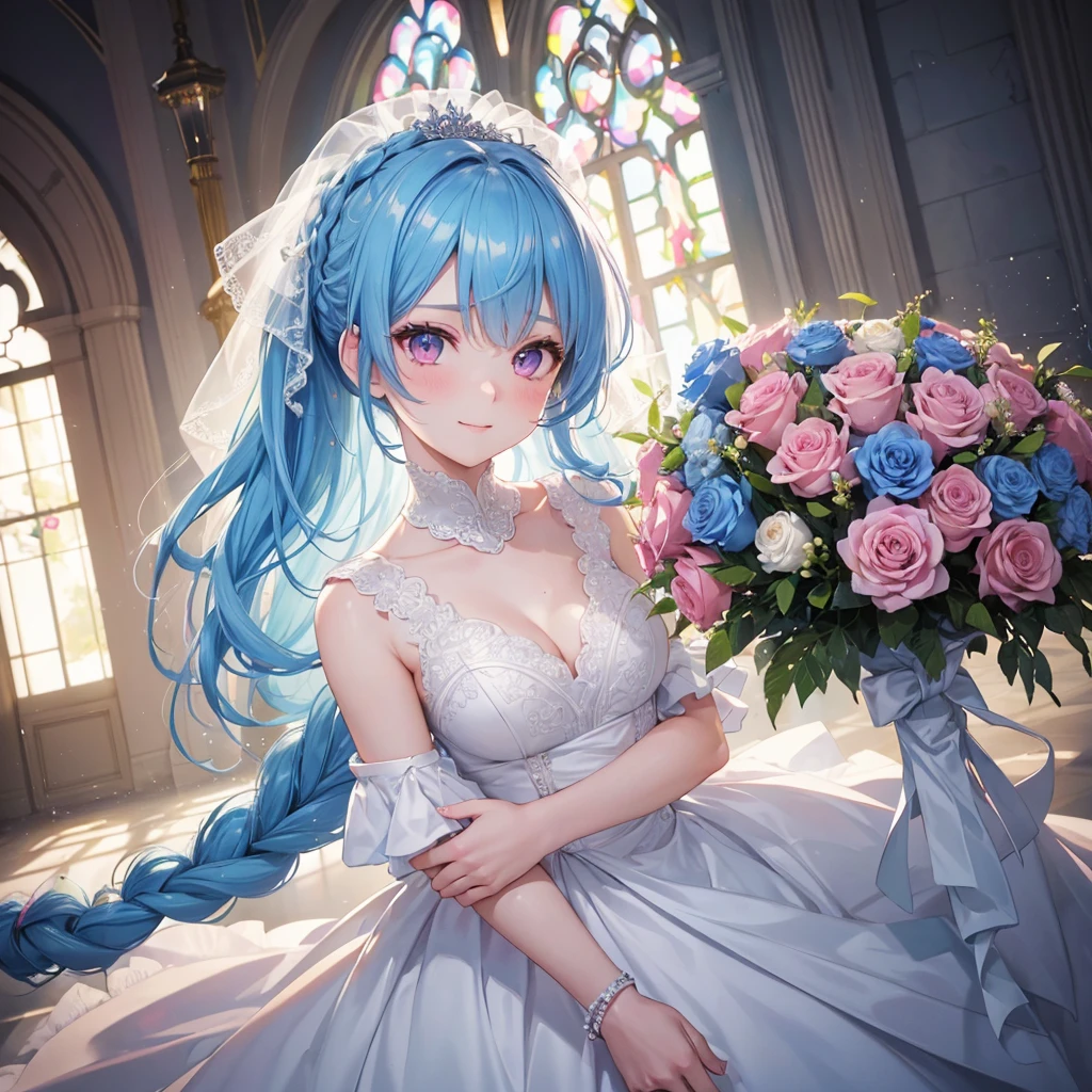 Sky blue hair, (Braided Ponytail),(Pink Eyes),Fair skin ,(whole body),(One girl),bride,A big smile,Straight bangs, 6月のbride,Wedding dress,(masterpiece, Highest quality, Very detailed, Best Shadow), (Detailed Background), (Beautifully detailed face), High Contrast, (Best lighting, Very delicate and beautiful), ((Cinematic Light)), colorful, Hyper Detail, Dramatic Light, Intricate details,Chapel background,Big bouquet of roses