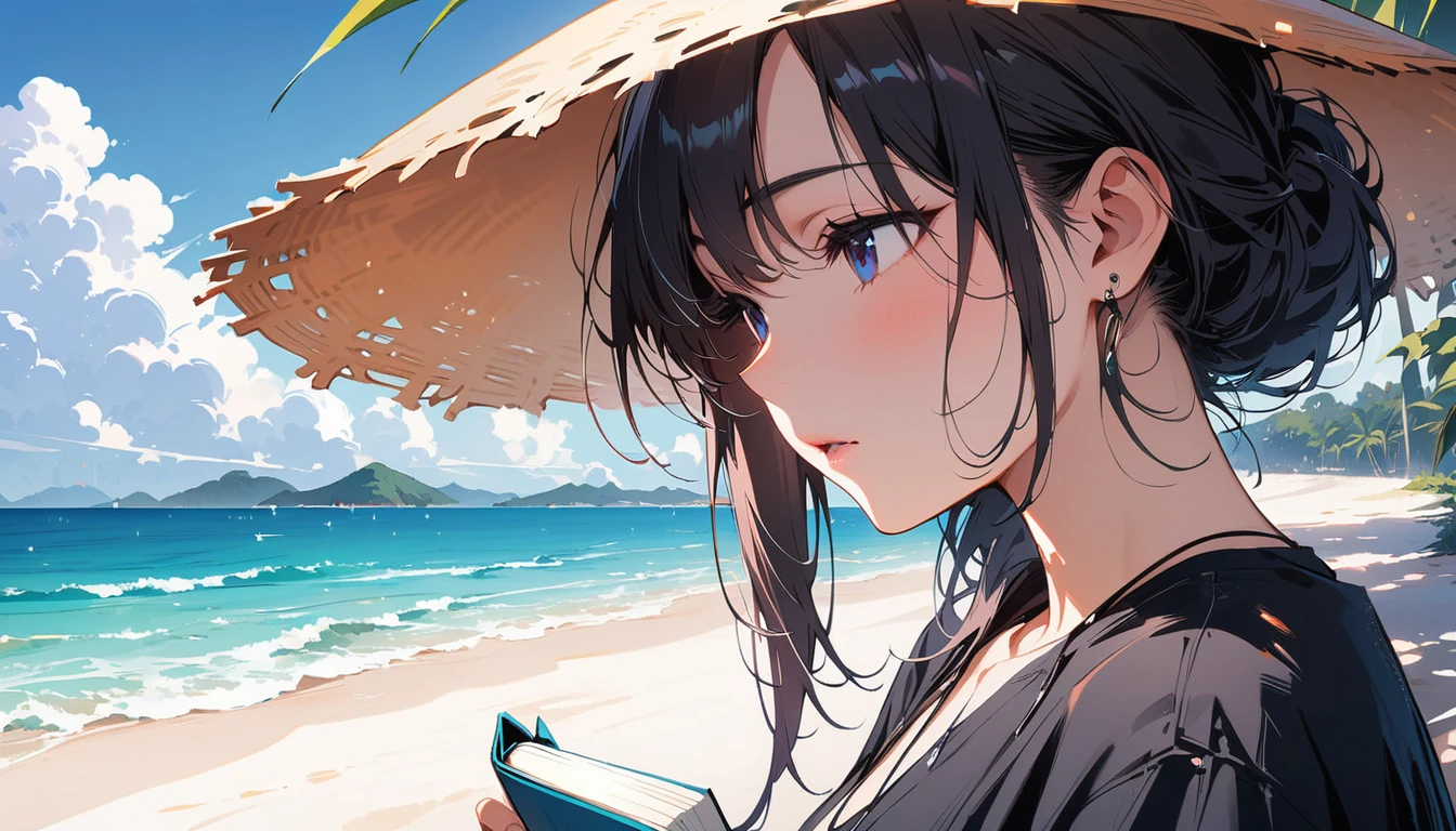 (masterpiece, Highest quality:1.2), 1 Girl, alone,Eyes open,I have a book,Tropical atmosphere,Ocean
