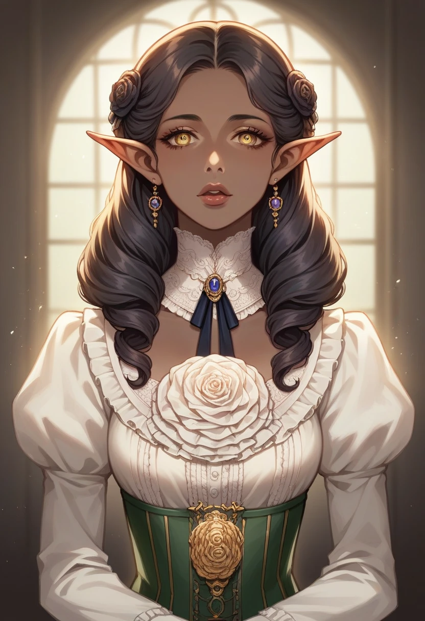 a 26 year old dark skinned elf with long dark hair, gold eyes, victorian era anime style, intricate details, Very detailed face, Beautiful detailed eyes, beautiful detailed lips, extremely detailed facial and skin features, Award-winning digital art, cinematic lighting, Study scenario, victorian nobility clothing 