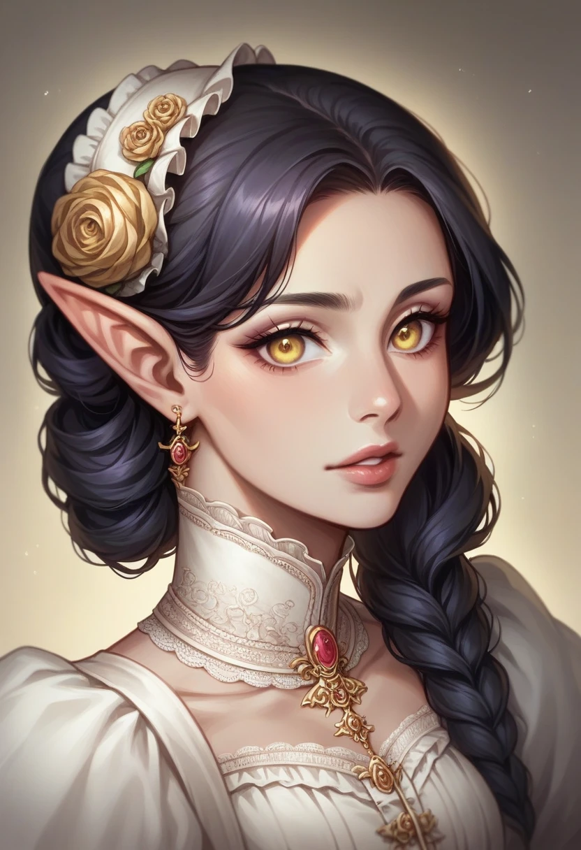 a 26 year old dark skinned elf with long dark hair, gold eyes, victorian era anime style, intricate details, Very detailed face, Beautiful detailed eyes, beautiful detailed lips, extremely detailed facial and skin features, Award-winning digital art, cinematic lighting, Study scenario, victorian nobility clothing