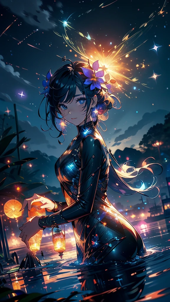 Main Part, Gorgeous, landscape, (((No_HumaNos))), night, flower, flower园, Starry Sky, constellation, amazing, Vista, water, Warm, Comfort, peaceful, meteor, Cosmic, magic, magic, Particles, Fair, ((firefly))