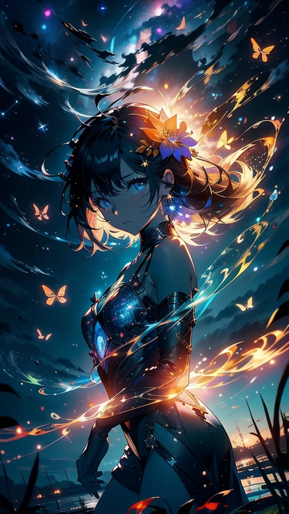 Main Part, Gorgeous, landscape, (((No_HumaNos))), night, flower, flower园, Starry Sky, constellation, amazing, Vista, water, Warm, Comfort, peaceful, meteor, Cosmic, magic, magic, Particles, Fair, ((firefly))