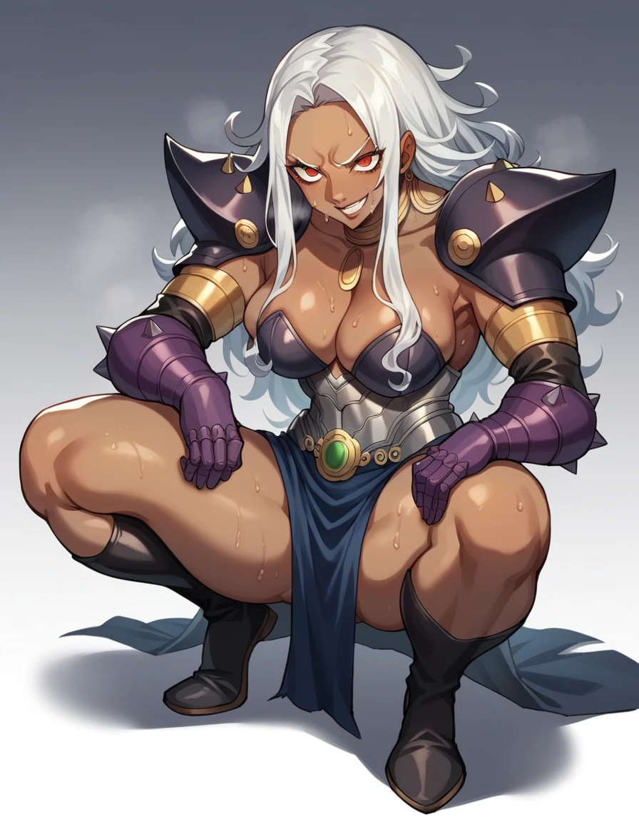 Full body image, african woman, Squatting with your hand on your knee, face Contempt, evil smile, white hair short, full armor dark demoniac hyper sexy fantasy, , sweating, body a little fat, Hyper realistic night beach background, persona 5 niji style, Japanese writing on the edges with Shangri-La written on at the edges, Angle from bottom to top
