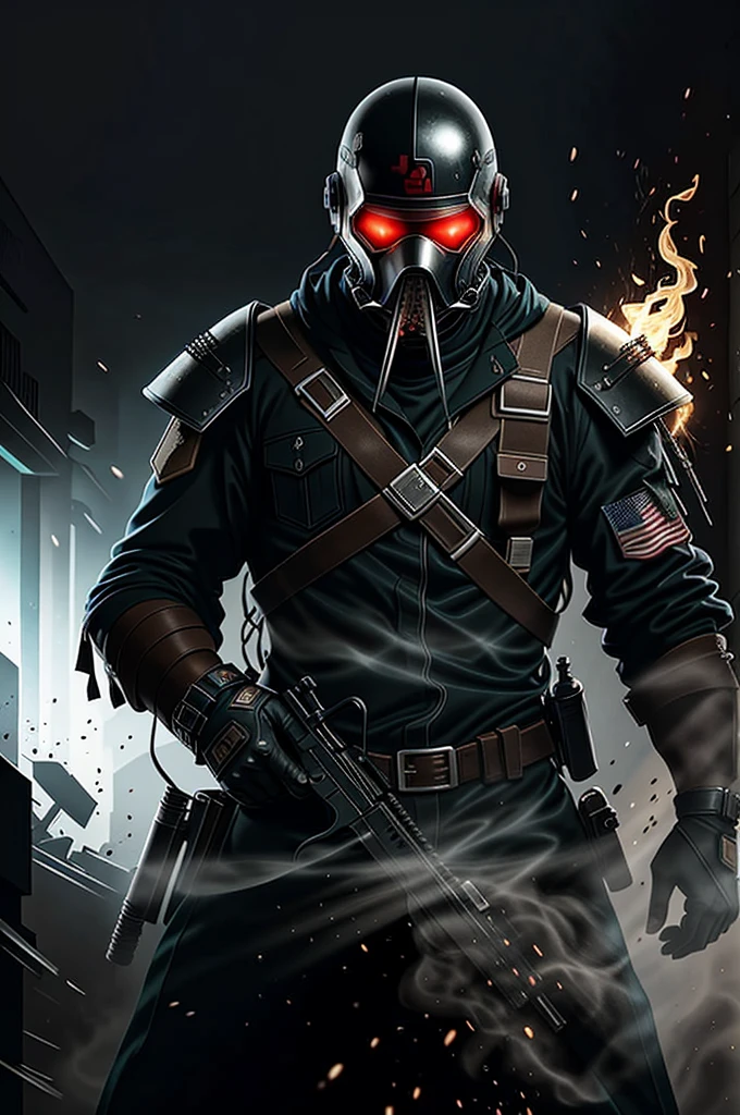a man with a gun and fire in his mouth, full metal jacket, full metal overlay, metal album cover art, covered in full metal armor, metal album cover, heavy metal art style, metal garments, all-metal, official poster artwork, official artwork, metal skin, punk rock album cover art style, heavy metal artwork, detailed face, dramatic lighting, volumetric fog, cinematic composition, chiaroscuro lighting, gritty and grungy, highly detailed, hyper realistic, 8k, ultra-detailed