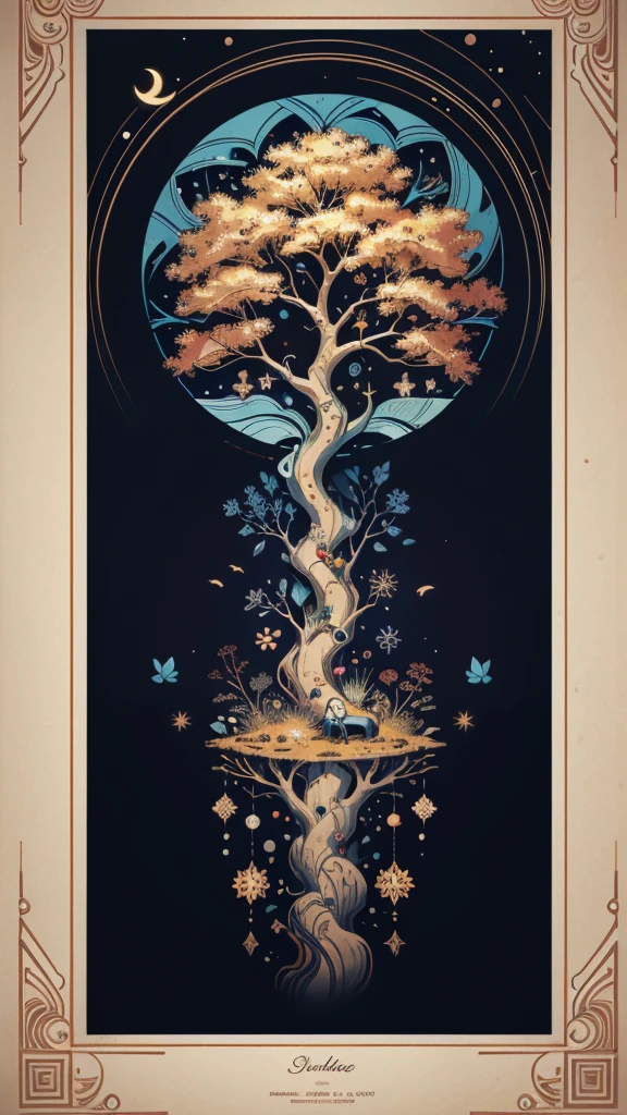 circular tree,four seasons,spring,summer,autumn,winter,leaves,roots,branches,trunk,ornate border,decorative,digital illustration,artwork,movement,time,swirling background,dark background,vibrant colors,natural,life cycle,growth,change,nature,life,peace,harmony,spirituality,symbolism,digital art,illustration,painting,graphic design,art,design,digital media,online art,visual art,fine art,fantasy