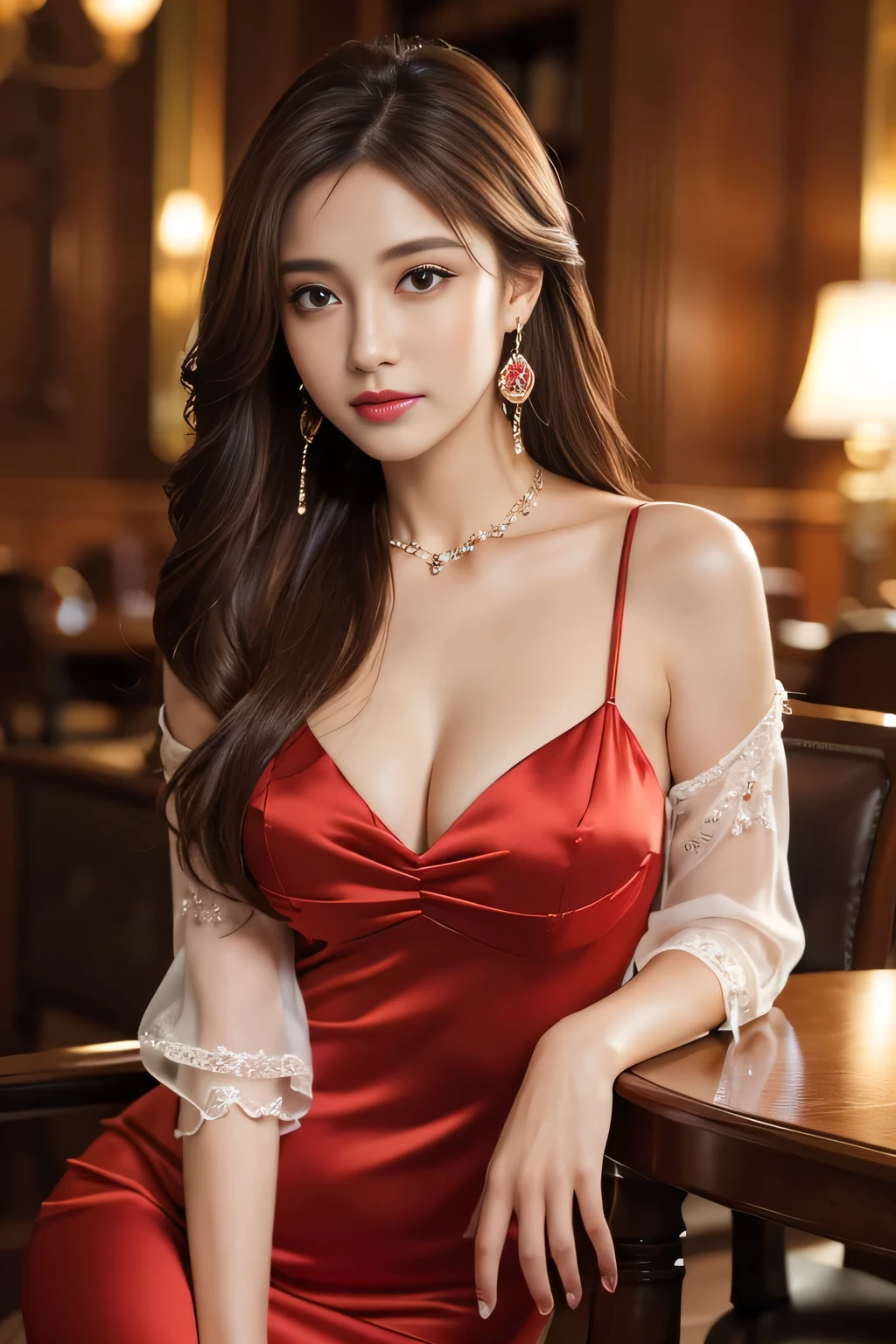 masterpiece, Highest quality, Realistic, Very detailed, Finer details, High resolution, 8k wallpaper, One beautiful woman, Wear a crimson silk mini-dress with elegant sleeves, In a great restaurant, At night, Light brown messy hair, Perfect dynamic composition, Beautiful and beautiful eyes、Big earrings、Sit on a chair
