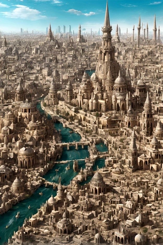 In the heart of the desert, ancient whispers echo through the gleaming spires of a white city that defies time. The city is filled with beautiful intricate and interconnected canals and a lush vegetation, closeup view.