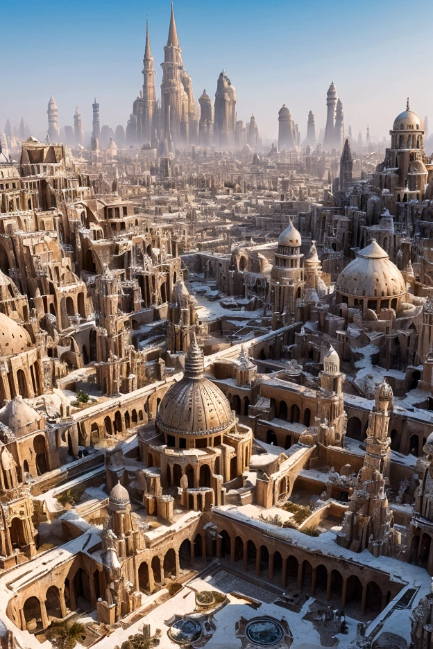 In the heart of the desert, ancient whispers echo through the gleaming spires of a white city that defies time. The city is filled with beautiful intricate and interconnected canals and a lush vegetation, closeup view.