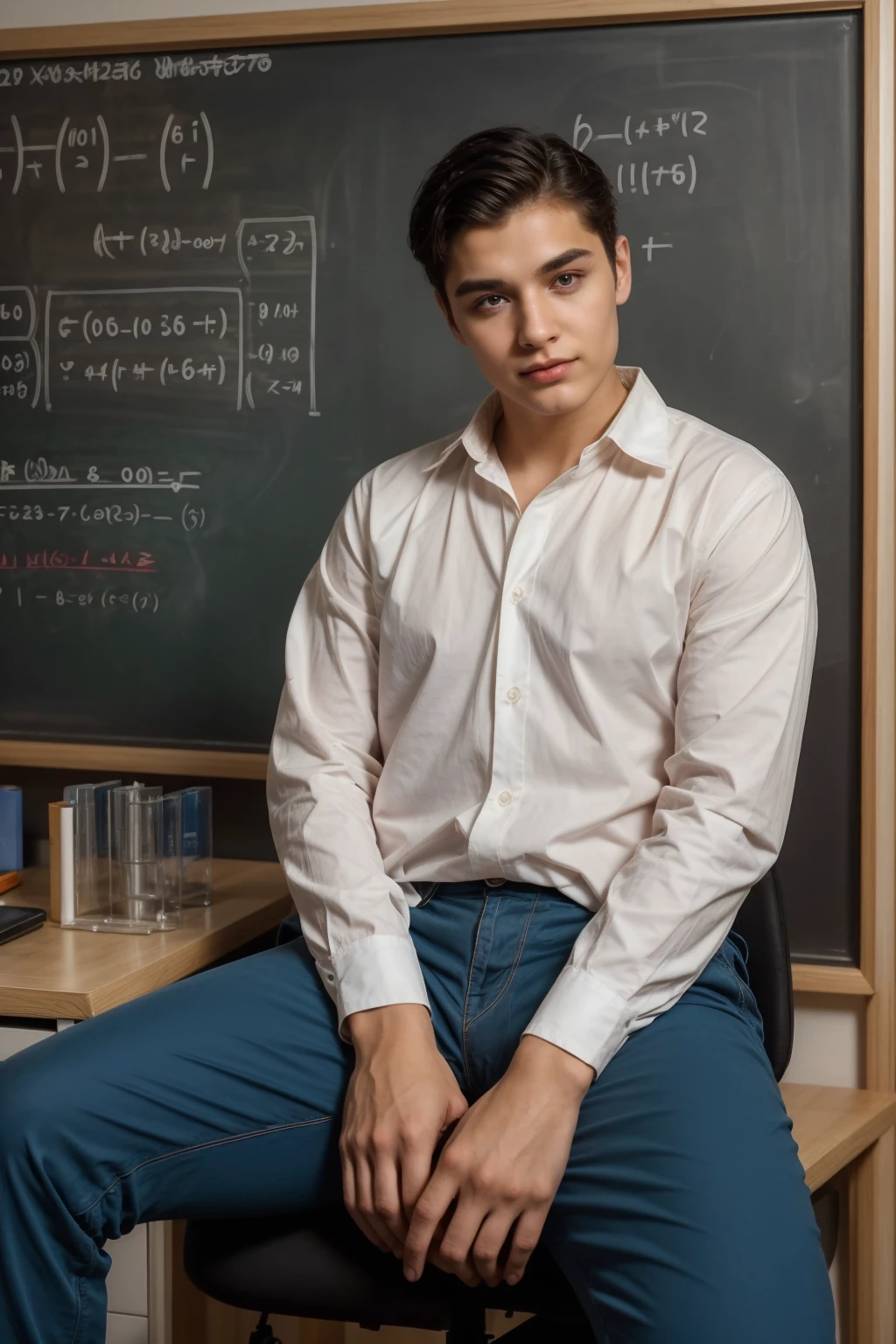 A beautiful, cute, male young man with a face with makeup and red cheeks and black hair, wearing a bright white long-sleeved shirt and aqua blue pants. He is in his scientific office, and behind him is a blackboard with mathematics written on it, including mathematical equations of differentiation and integration, and he is sitting at a desk in a chair. There are scientific books in front of him, and he looks proudly with a beautiful, innocent face with makeup and powder.
