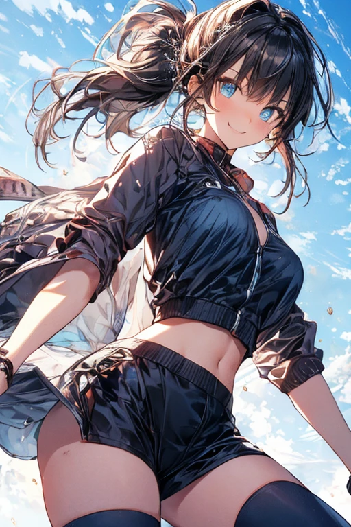 (dynamic angle:1.3, front view:1.1, breast focus:1.3, from below:1.1), (dynamic posing:1.2, sexy posing:1.2), (seductive smiling:1.3), highest quality、(real、photorealistic:1.4),(ultra high resolution, 8K RAW photo, clear focus), best qualtiy, natural lighting, field depth, (Bright pupils, detailed beautiful blue eyes, high detailed face), (tight focus:1.2), a girl 28yo old, Thicc, thin breast, long hair, blue eyes,garter stocking, cleavage:1.2, midriff, black shorts, black thighhighs, thigh strap, pretty girl, (highly detailed beautiful face and eyes,firm breasts),real skin,((black,hair,long pony tail hair)),thin pubic hair,cute,lovely, detailed eyes,(double breasted:1.0,under bust:1.0),(with sparkling eyes and a contagious smile),soft open mouth, Looking at Viewer,