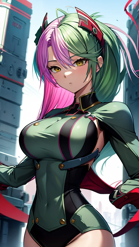 Highly detailed, anime, 1 girl, fuchsia colored hair, split-color hair, prinz eugen's hairstyle, sage-green colored hair, busty, thicc body, special agent clothes, serious expression.