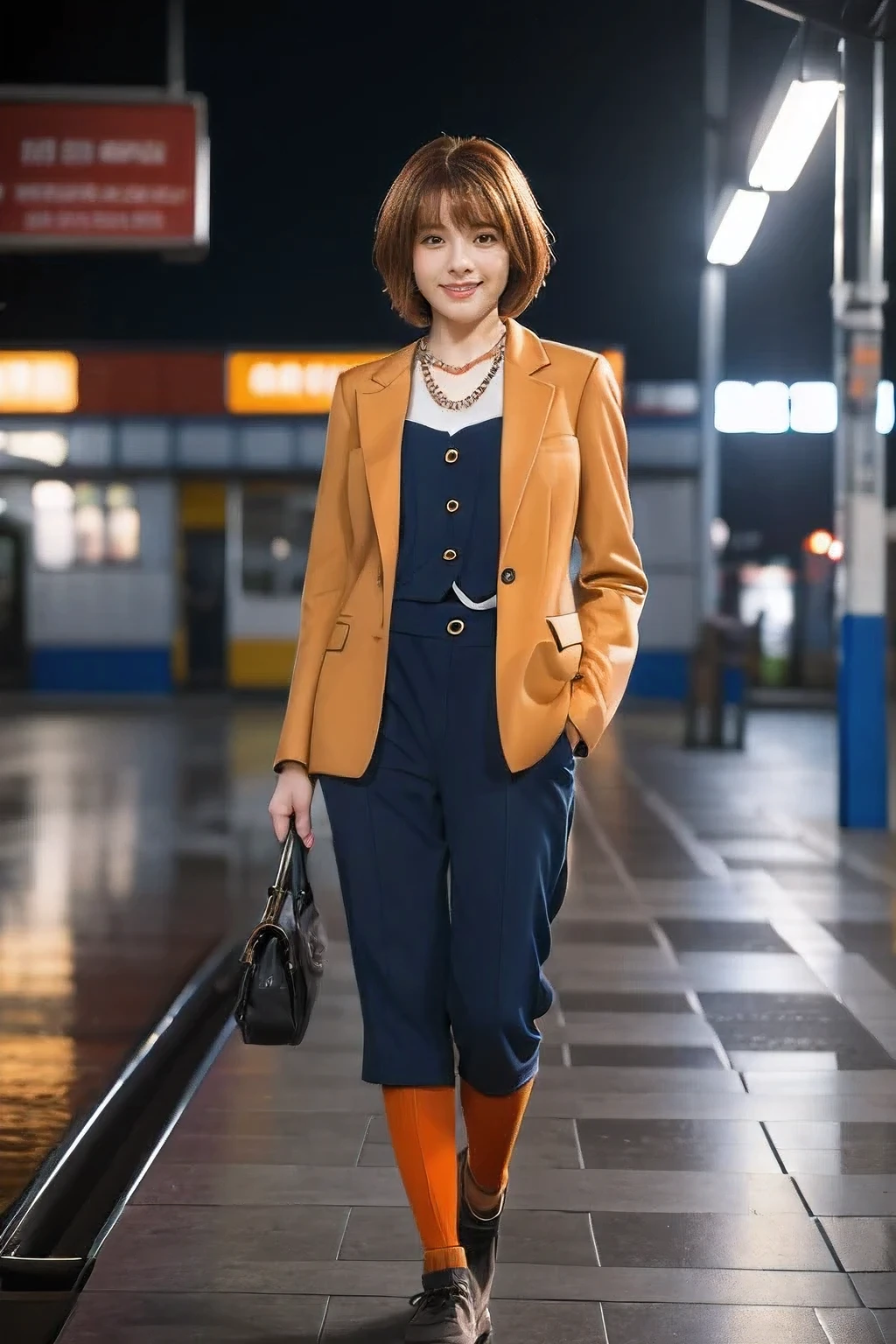 (Office lady standing on the station platform:1.5)、(A kind smile:1.5)、(18-year-old female:1.5)、(The best quality at its best:1.4), (Super detailed), (Very detailed CG unified 16k), Beautiful woman with perfect figure: 1.4, Sharp focus: 1.2, Very detailed, High-quality RAW color photos, Professional photography, Great face and eyes, cosmetics, (Amazingly beautiful girl), ((Wearing a cute suit:1.5)), Realistic movie faces, Full body long view from head to toe, Realistic, ((Realistic natural orange red hairstyle)), ( Short Bob Hair:1.5), (necklace:1.5)、, Very beautiful face, Perfect model beauty, Mouth swelling, Highly detailed face and skin texture, Fine grain, double eyelid, Medium chest, (masterpiece), Highest quality, High resolution, Very detailed, Blurred Background, Depth of written boundary, Cinema Lighting, Great legs, , Clear, well-maintained skin,((Full body shot from head to toe:1.5))