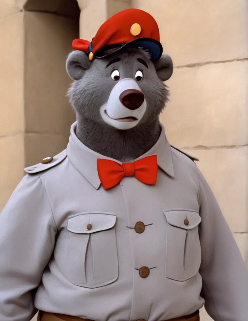 disney style cartoon, 1 boy, Baloo bear, cartoon, face, fluffy, It has, male focus, cap, red headdress,shirt,bow tie, (Disney:1.4),( in the artistic style of Picasso:1.2), walking down the street, (comedy photo of the year), screenshot from the 1983 film,