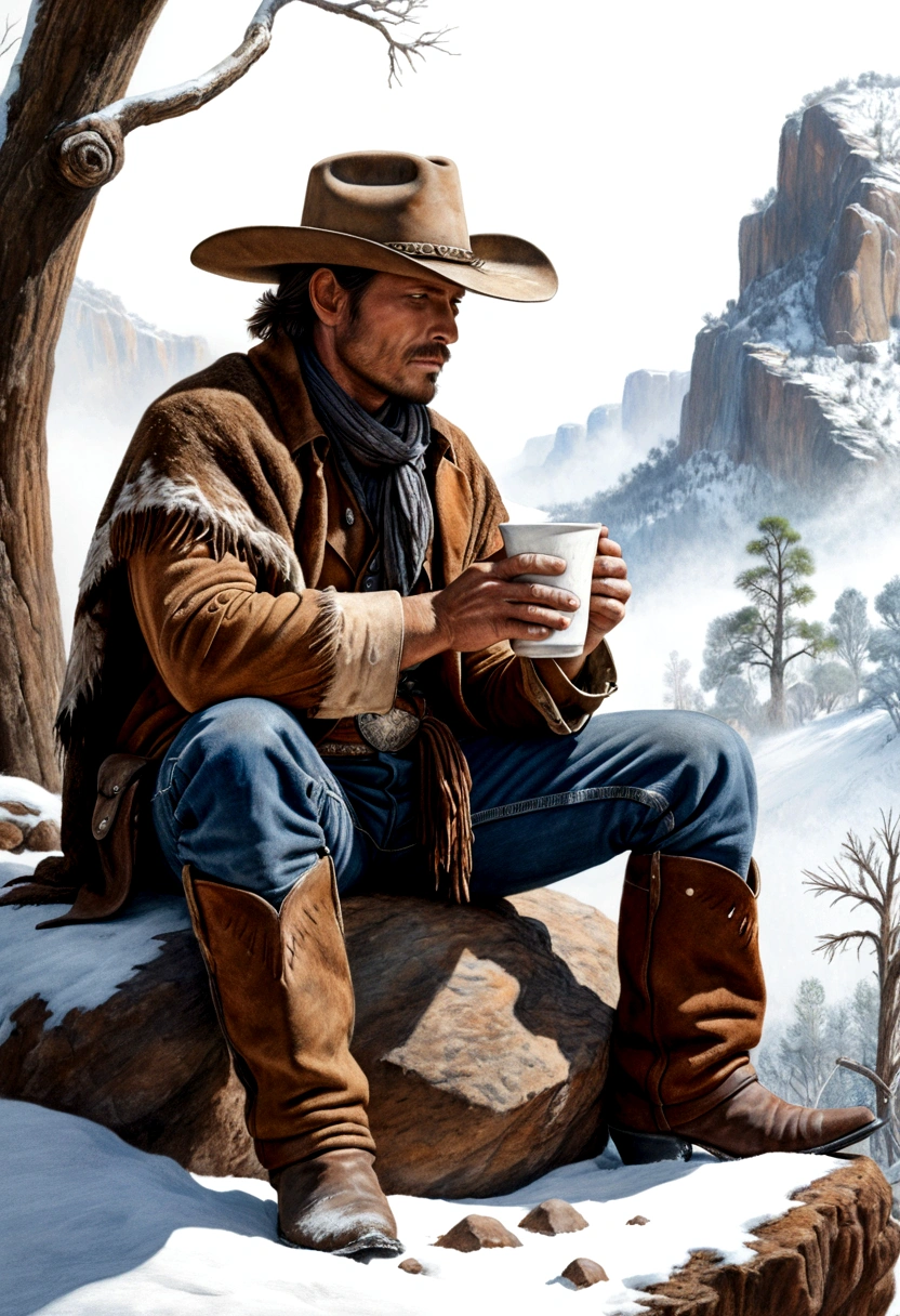 a conte crayon drawing of the wild west era cowboy, jungle snow winter, holding a hot-drinking cup, sitting on a rock, covering body with animal skin, thirty degrees side view, breathing, epic realism, extremely detailed, 8k