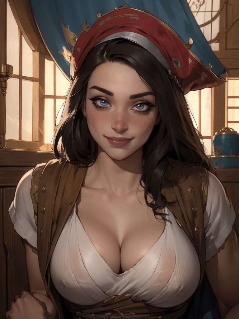 solo, a young pirate woman from the early 18th century based on Gabbie, wearing pirate cloths, tricorne, breasts, cleavage, horny, smiling, black eyeliner, lip gloss, raised eyebrow, downblouse, loose t-shirt, leaning forward, nip slip, extended_downblouse, intricate background, fantasy, | (8k, RAW photo, best quality, masterpiece:1.2), ultra-detailed, (high detailed skin:1.2), 8k uhd, dslr, soft lighting, high quality, ((upper body:1)), (centered:1.2), ((LOOKING at the VIEWER)), asura, film grain, highly detailed shading, ((perfect_hands):1), Goodhands-beta2, Detailed eyes, perfect face, perfect eyes, Detailed face ((a manga drawing by Kentaro Miura)),