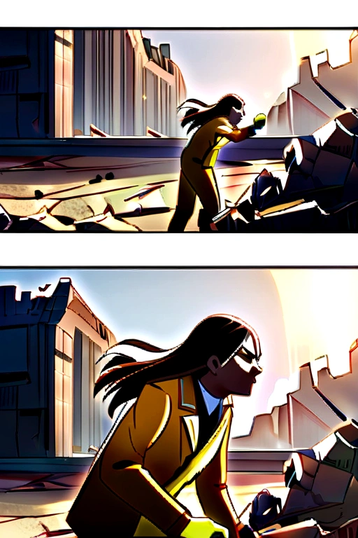 Draw the Vampire character (rogue) two X-men. She has brown hair with a white streak highlighted in the front.. He is wearing a brown leather jacket over a green and yellow uniform., with green gloves and yellow boots. Rogue is in a dynamic action pose, Displaying Your Strength and Confidence, with a determined expression on the face. The surrounding scenery must be a destroyed cityscape, as if after an intense battle, with wreckage and rubble scattered across the ground."