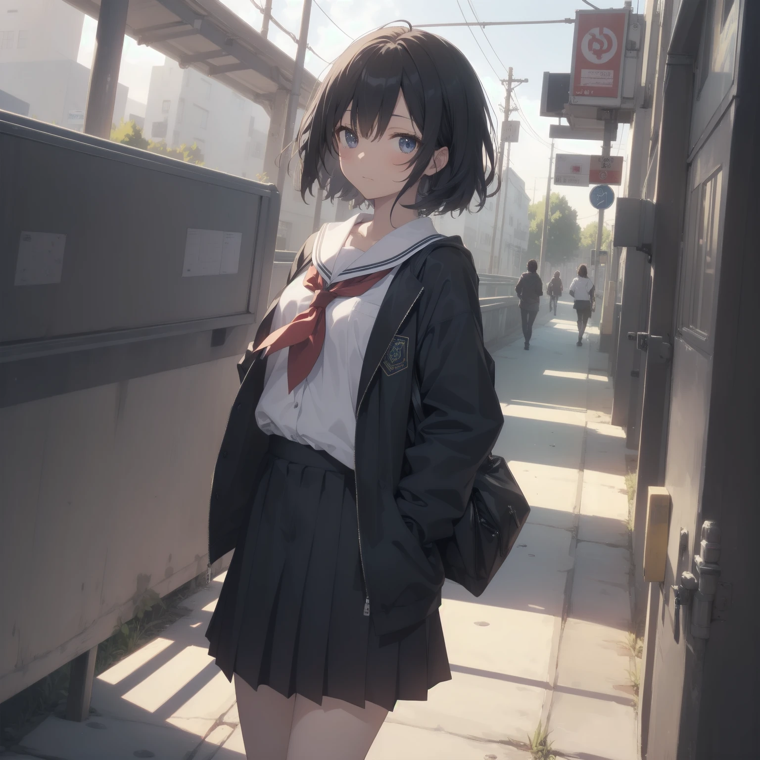 ultra-absurdres-Top quality by artist God, ultra-detailed, high resolution, anime moe artstyle, best anime 8k konachan wallpaper, pixiv contest winner, pool:2810, perfect anatomy,break, 1girl, (Please draw a girl walking sleepily to school alone. )break,(Solo,little female, 13-year-old:1.3),Full limbs, complete fingers,a junior high school student, (very short hair), short cut, flat chest, , small butt, small black eyes, beautiful detailed eyes, well-proportioned iris and pupils, expressive eyes, highres detailed hair, soft expression, salor school_uniform, sailor collar, serahuku, bow, pleated skirt,(Detailed Lighting), (Detailed background), in the School commute route. break,super detailed skin, Best cinematic lighting powered by famous artist, 8k,beauty illustration,photoshop_(medium),very aesthetic,break,((artist:toosaka_asagi )), artist:clamp ,artist:carnelian ,artist:kantoku ,