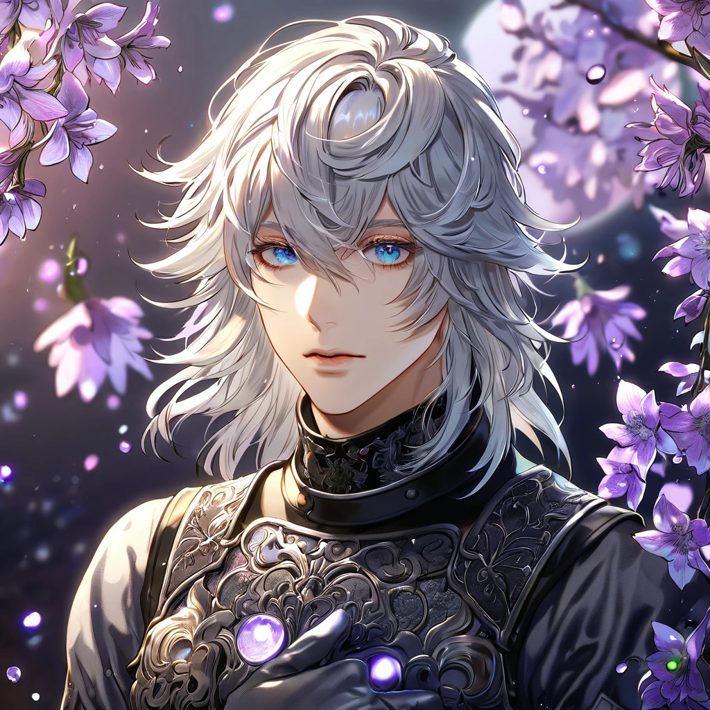 absurdres, highres, ultra detailed, HDR, master piece, best quality, Nier, white hair, medium hair, messy hair, expressive blue eyes, Nier Replicant, solo, sexy man, handsome, black clothes, silver gloves, fantasy, purple moon, purple flowers, purple blossoms, purple petals, fireflies