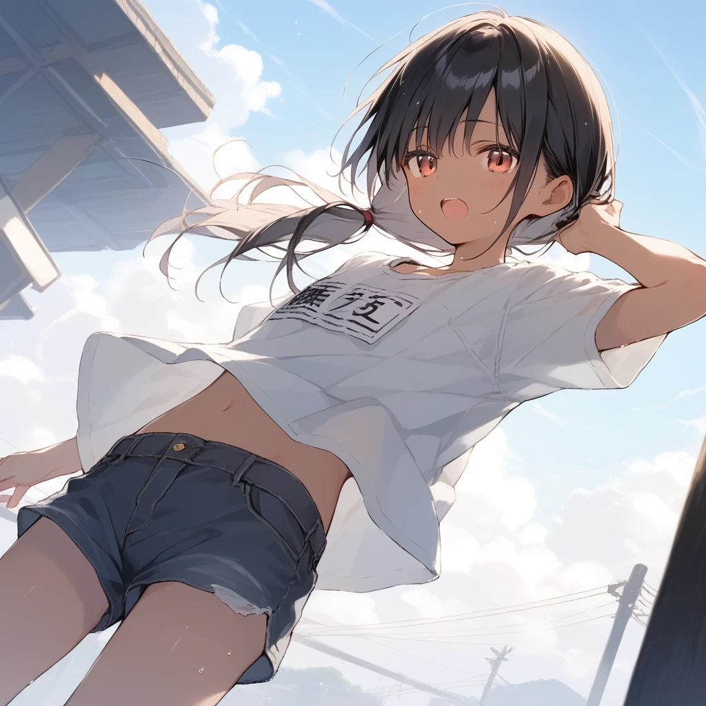 score_9, score_8_up, score_7_up, source_anime, best quality, masterpiece, official art, absurdres, highres, ultra-detailed,waifu2x,Collection: Slice of Life,break,1girl, tomboy, dark-skinned female, short hair, low ponytail, flat chest, beautiful detailed eyes, short shorts, sweat, open mouth, (yawn:0.3), sleepily, outdoors, wind, break,(clear line illustration:1.2),very high resolution, very aesthetic, super detailed skin, Best sexual lighting powered by famous artist, 8k,cute picture,beauty illustration,photoshop_(medium),,(Detailed Lighting),best anime 8k konachan wallpaper, pixiv contest winner, 