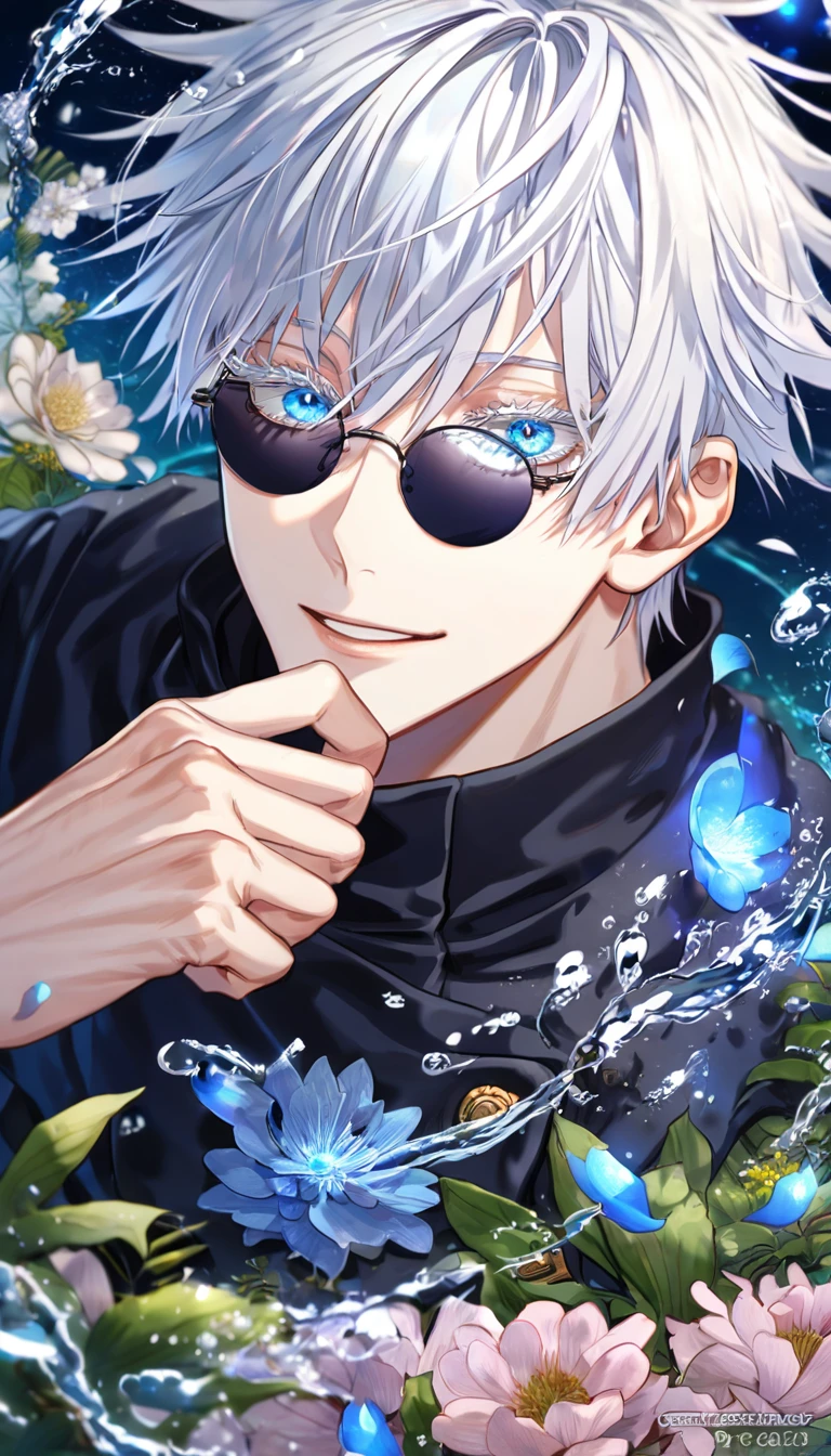 absurdres, highres, ultra detailed, HDR, master piece, Gojou Satoru, white hair with bangs, white eyelashes, expressive blue eyes, hair between the eyes, black shirt, Jujutsu Kaisen, man, handsome, best quality, blue moon, flowers, fantasy, magical, solo, water, blue shining fireflies, blue petals, Jujutsu Kaisen uniform, black round sunglasses, handsome smile, black pants