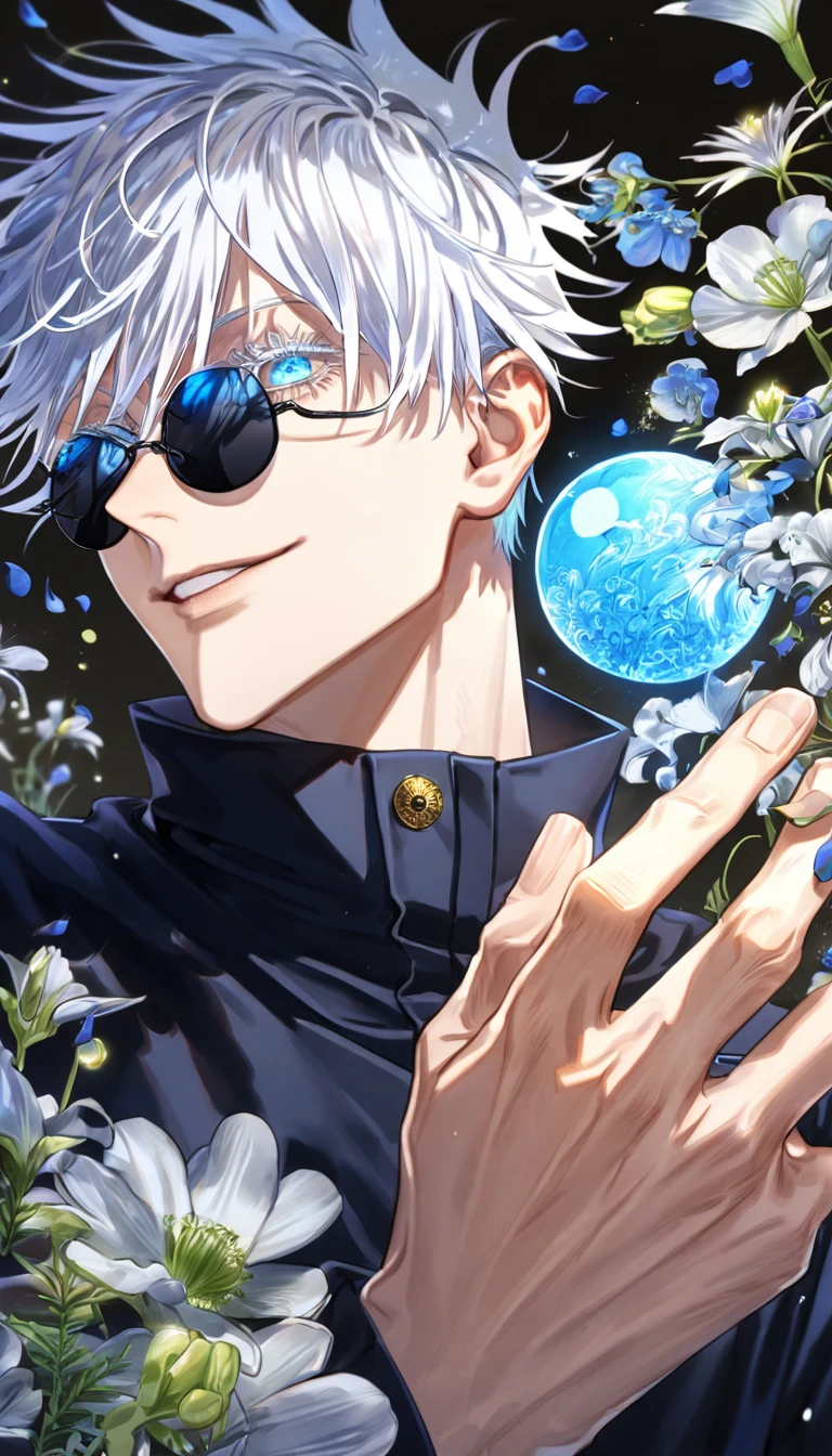 absurdres, highres, ultra detailed, HDR, master piece, Gojou Satoru, white hair with bangs, white eyelashes, expressive blue eyes, hair between the eyes, black shirt, Jujutsu Kaisen, man, handsome, best quality, blue moon, flowers, fantasy, magical, solo, water, blue shining fireflies, blue petals, Jujutsu Kaisen uniform, black round sunglasses, handsome smile, black pants