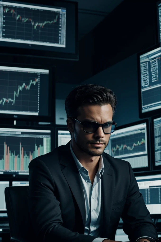 1 seated man looking towards the camera with dark glasses ((realist))((Mysterious)) in a dark room full of computers with trading charts on the screens