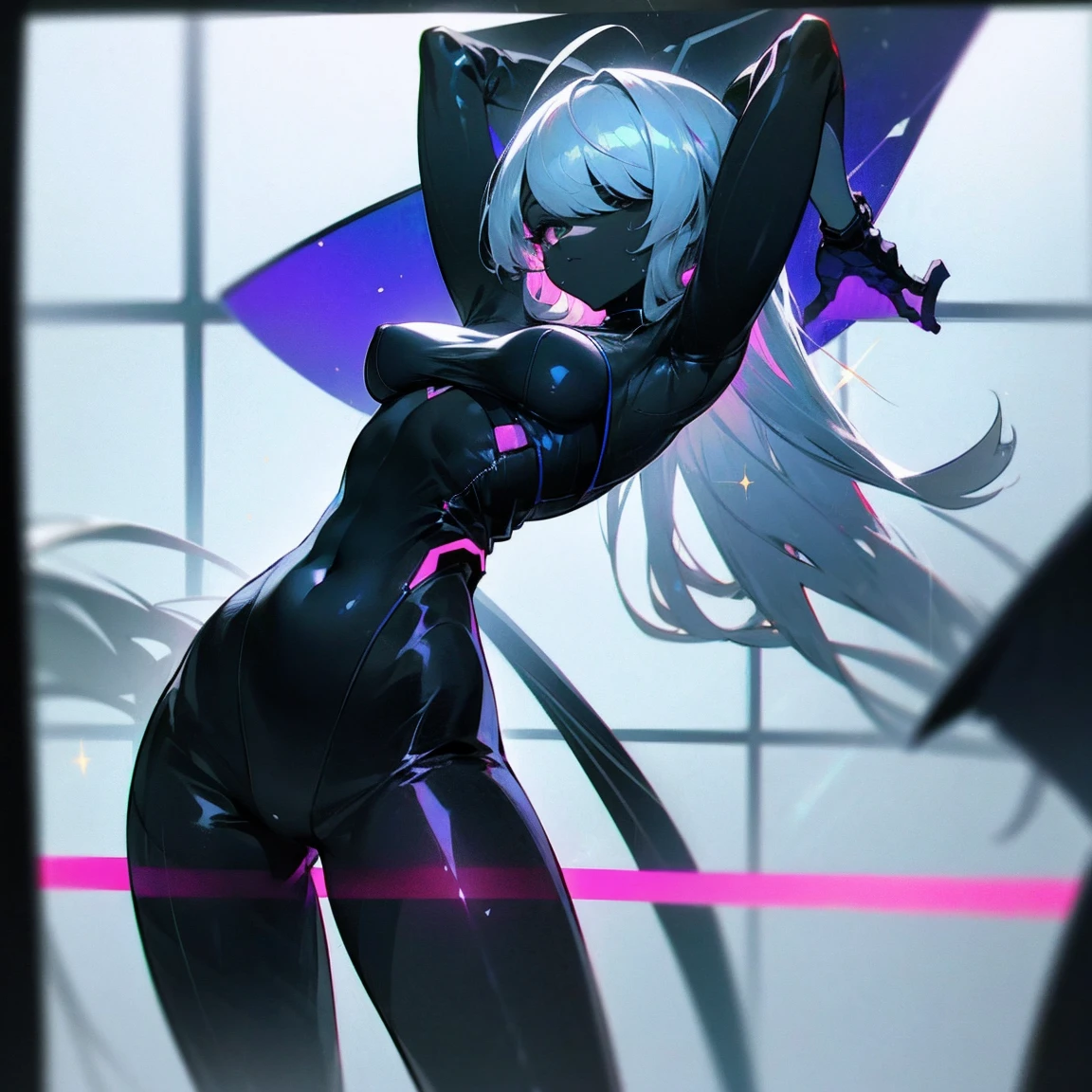 echanis_enicha, background, incredible high-key lighting, masterpiece, high quality, ambient soft lighting, 4K, 1girl, alternate breast size, belly, breasts, big breasts, glowing, long hair, feathered bangs, bangs, feathered hair, navel, solo, stretching, arms raised, hands behind head, armpits, purple theme, simple background, futuristic, pale skin, (gleaming skin), (sweating), thick, curvy, bodysuit, sleek bodysuit, techsuit, ahoge, looking at viewer, thigh highs, thigh strap, skindentation, navel, ((navel window)), tight, translucent antennae, casual stance, android, artificial humanoid, underboob, boob window, single eye patch, ((brilliant eye)), ((sparkling eye)), skinkintight, asymmetrical clothes, best quality, realistic, absurdres, perfect shadows and lighting,
