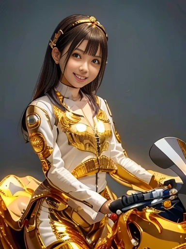 Japanese female, a lot of details, (underweight), 30 years old, detailed black hair, beautiful detailed hair, super fucking beautiful, delicate beautiful face, complex details beautiful and delicate eyes, perfect hands, (flat chest best quality:1.5), perfect and delicate limbs, detailed skin, best quality, ultra-detailed,(cheerful grin:1.5),
(motorcycle made of gold:1.5),cream office lady suit:1.2