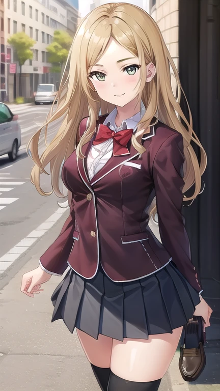 ((masterpiece)),(best quality),official art,extremely delicate and beautiful,extremely detailed CG,unity 8k wallpaper,ultra detailed,beautiful detailed eyes,extremely detailed face,outdoors,1girl,solo,cowboy shot,looking at viewer,facing viewer,smile,Kuhouin Arisa,long wavy blond hair,sidelocks,parted bangs,brown eyes,,blazer,black jacket,wing collar,red bowtie,white shirt,collared shirt,long sleeves,large breasts,buttons,miniskirt,black skirt,pleated skirt,black thighhighs,loafers,black footwear,