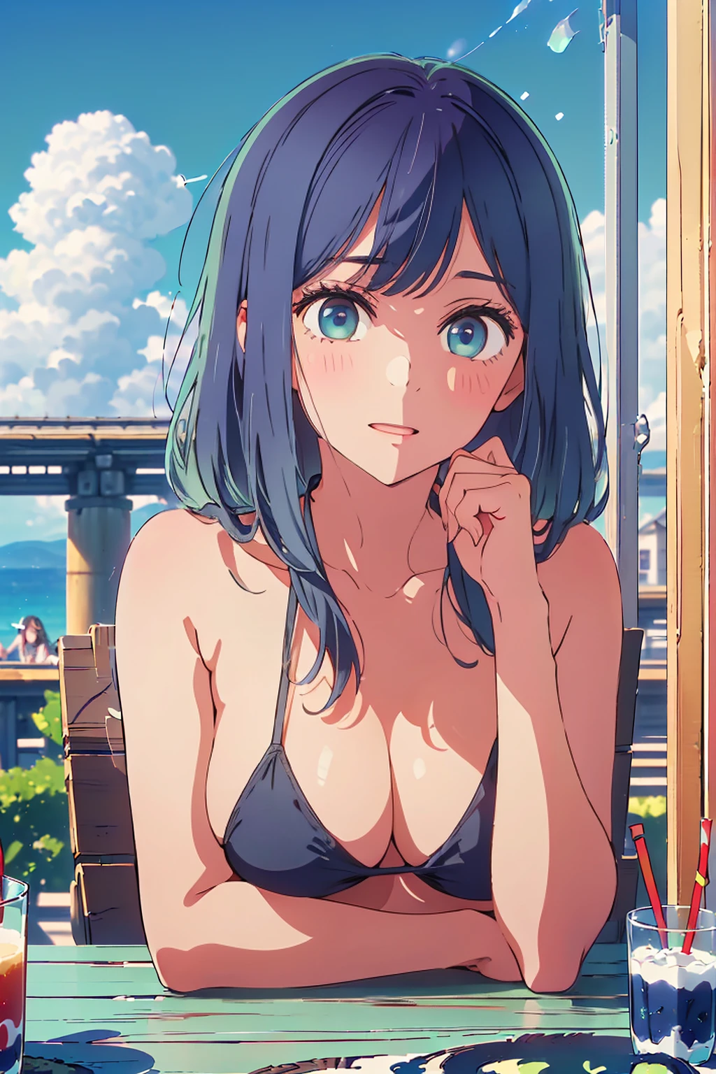 (Highest quality:1.4、masterpiece:1.4、Super detailed:1.4、8K:1.4)、F cup bust、Big Breasts、Slim body、((((1 person、Surprised expression、sit、Chair、In the background are the urban buildings of Tokyo、looking at the camera、Outdoor café terrace、coastal、Navy hair color、juice、Shooting up close、table、Very cute face))))、(Pose of putting hair behind ears with hands:1.4、Cheek resting on hand:1.4)、((nude、Areola、bikini size too small))、Very blue sky、A completely cloudless sky、Big eyes、((((Shallow depth of field))))、Very beautiful thighs