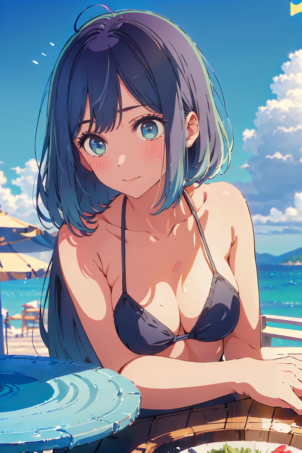 (Highest quality:1.4、masterpiece:1.4、Super detailed:1.4、8K:1.4)、F cup bust、Big Breasts、Slim body、((((1 person、Surprised expression、sit、Chair、In the background are the urban buildings of Tokyo、looking at the camera、Outdoor café terrace、coastal、Navy hair color、juice、Shooting up close、table、Very cute face))))、(Pose of putting hair behind ears with hands:1.4、Cheek resting on hand:1.4)、((nude、Areola、bikini size too small))、Very blue sky、A completely cloudless sky、Big eyes、((((Shallow depth of field))))、Very beautiful thighs