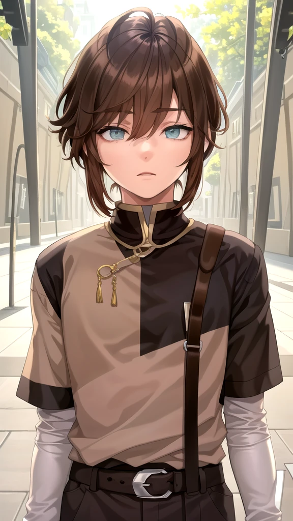 masterpiece, best quality, high quality, 1boy, solo, boy,male focus, looking at viewer , brown hair, old-school swoop haircut,upper body , emerald eyes,