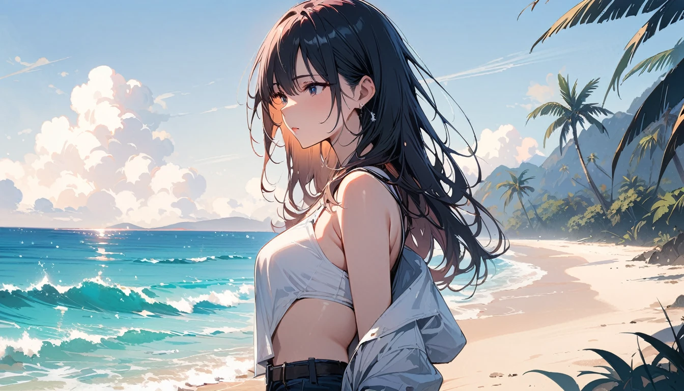 (masterpiece, Highest quality:1.2), 1 Girl, alone,Eyes open,I have a book,Tropical atmosphere,Ocean