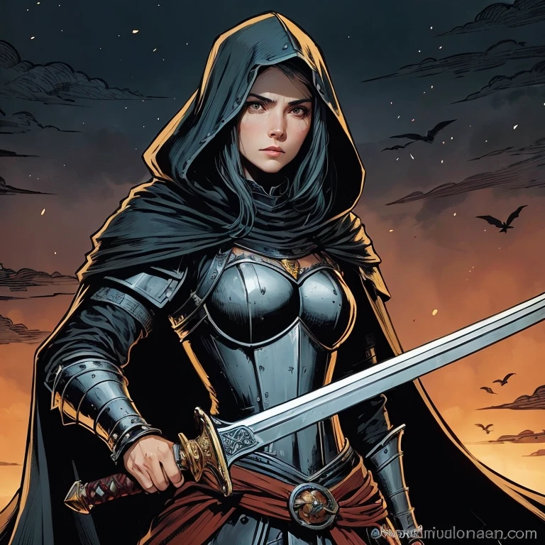 a female medieval warrior, medieval knight, ornate armor, sword and shield, detailed metal armor plates, flowing cape, determined expression, medieval battlefield, cloudy sky, sunlight shining through clouds, dramatic lighting,