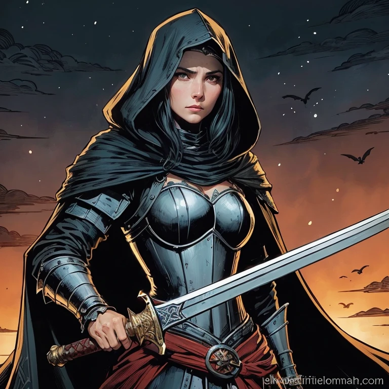 a female medieval warrior, medieval knight, ornate armor, sword and shield, detailed metal armor plates, flowing cape, determined expression, medieval battlefield, cloudy sky, sunlight shining through clouds, dramatic lighting,